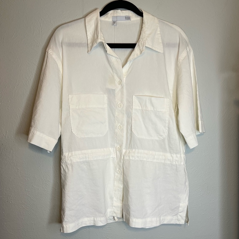 NWT Eileen Fisher Womens Medium Short Sleeve Italian Linen Viscose Camp Shirt